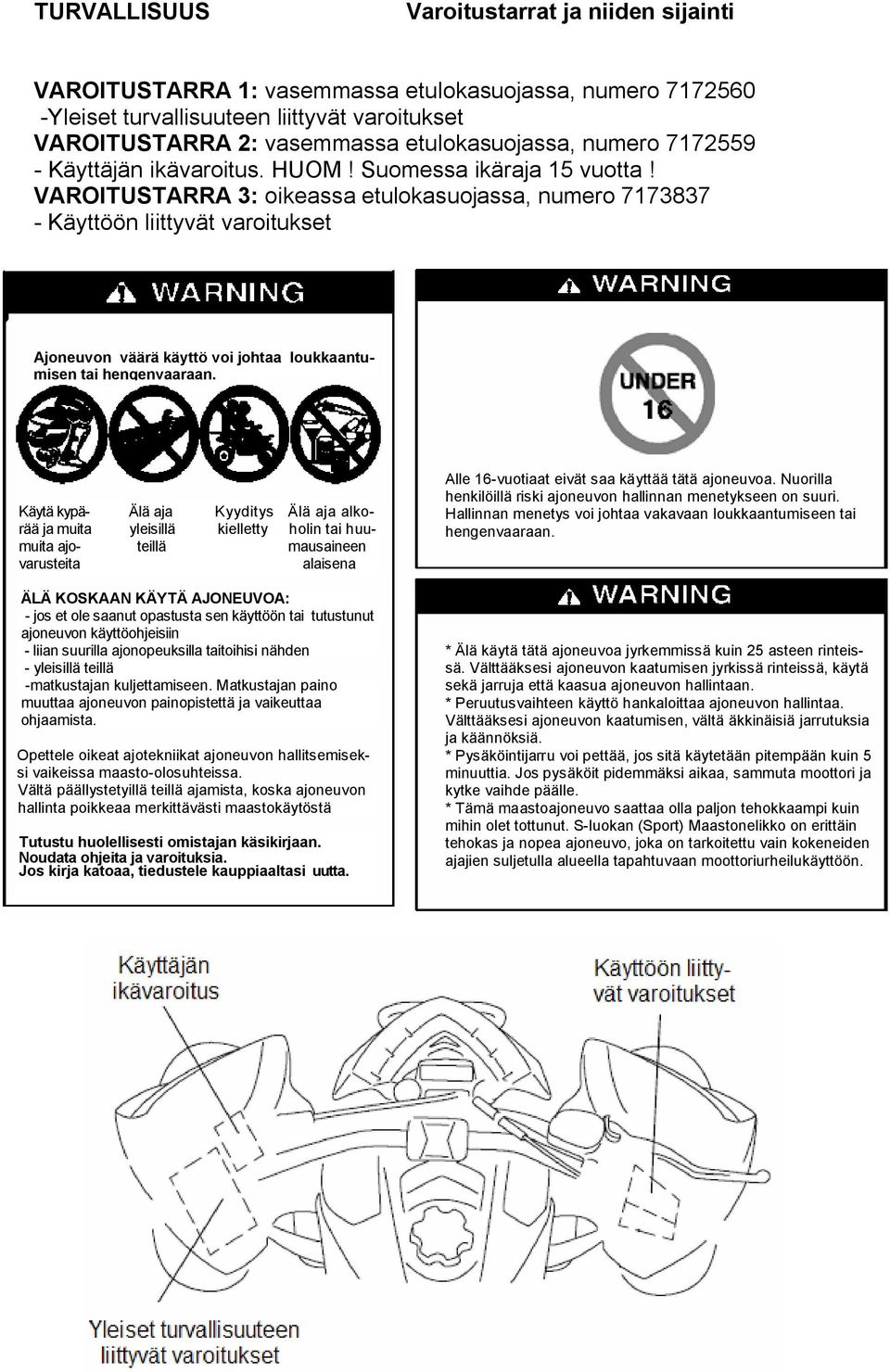 VAROITUSTARRA 3: oikeassa etulokasuojassa, numero 7173837 - Käyttöön liittyvät varoitukset Ajoneuvon väärä käyttö voi johtaa loukkaantumisen tai hengenvaaraan.