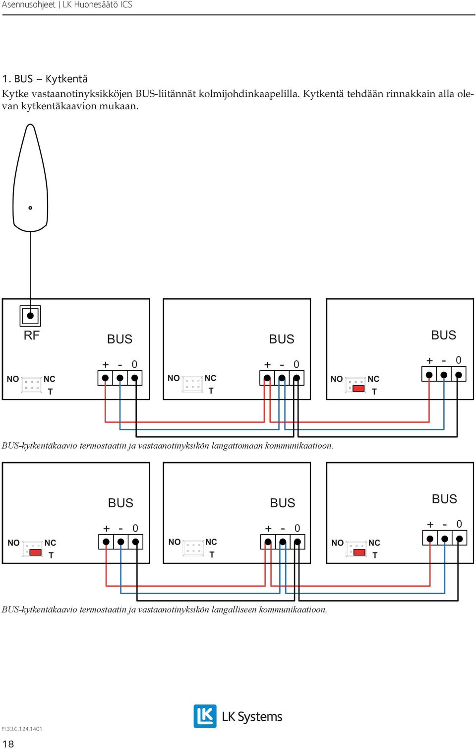 RF BUS BUS BUS NO NC T + - 0 NO NC T + - 0 NO NC T + - 0 BUS-kytkentäkaavio termostaatin ja
