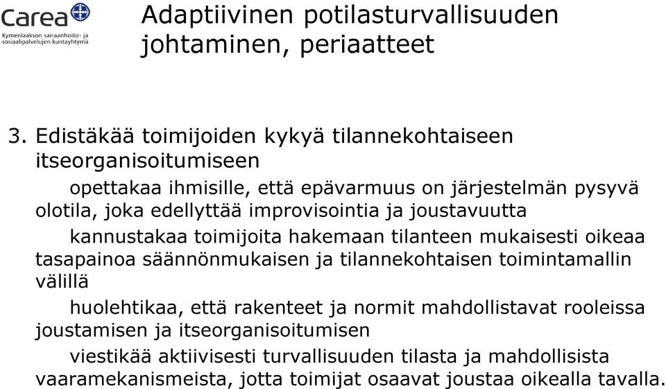 edellyttää improvisointia ja joustavuutta kannustakaa toimijoita hakemaan tilanteen mukaisesti oikeaa tasapainoa säännönmukaisen ja tilannekohtaisen