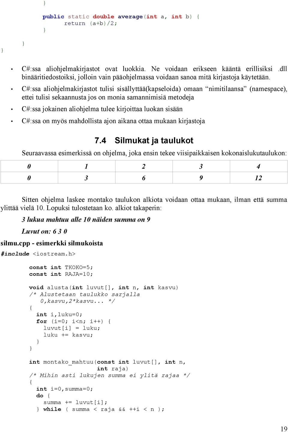 C#:ssa aliohjelmakirjastot tulisi sisällyttää(kapseloida) omaan nimitilaansa (namespace), ettei tulisi sekaannusta jos on monia samannimisiä metodeja C#:ssa jokainen aliohjelma tulee kirjoittaa