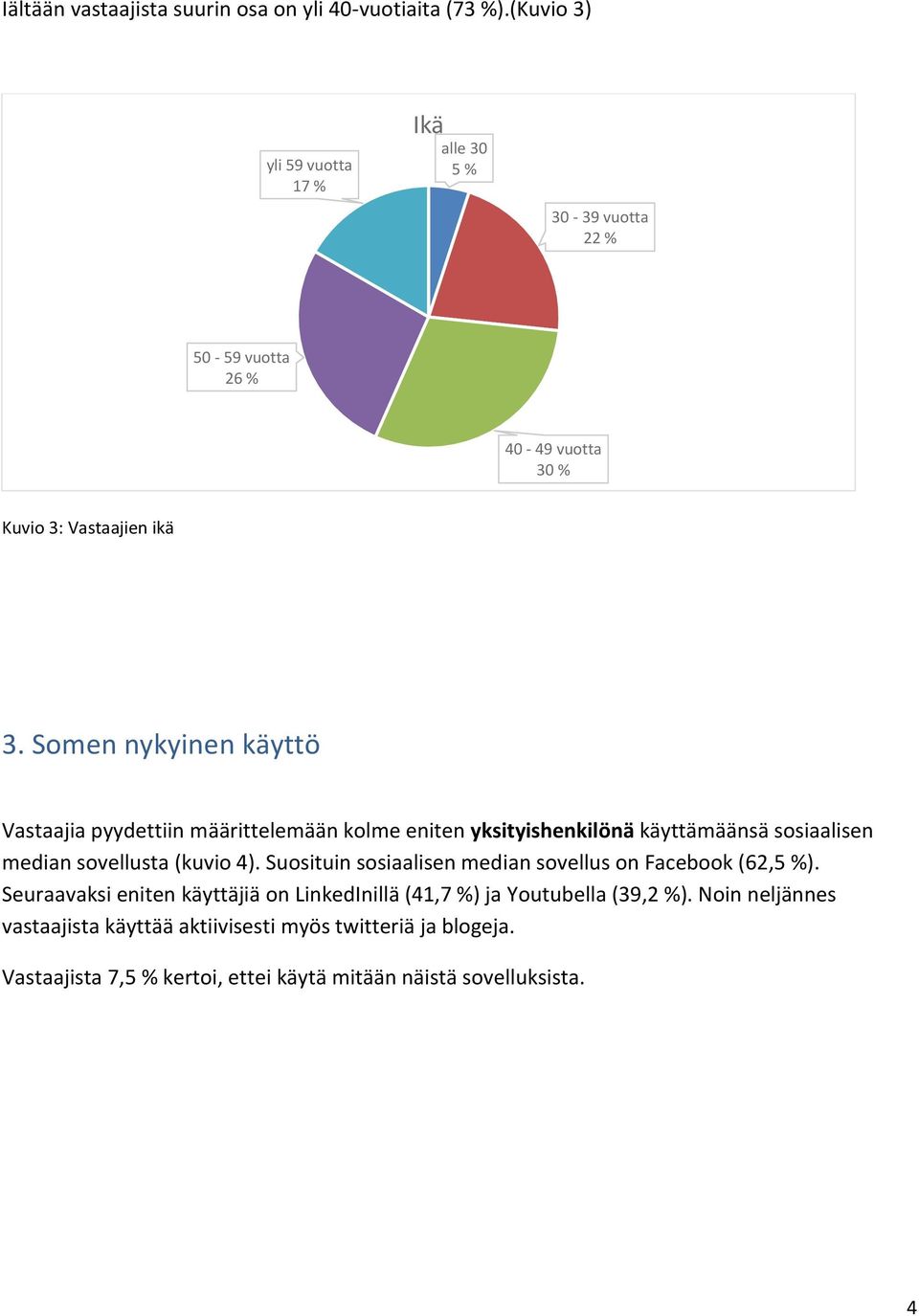 Somen nykyinen käyttö Vastaajia pyydettiin määrittelemään kolme eniten yksityishenkilönä käyttämäänsä sosiaalisen median sovellusta (kuvio ).