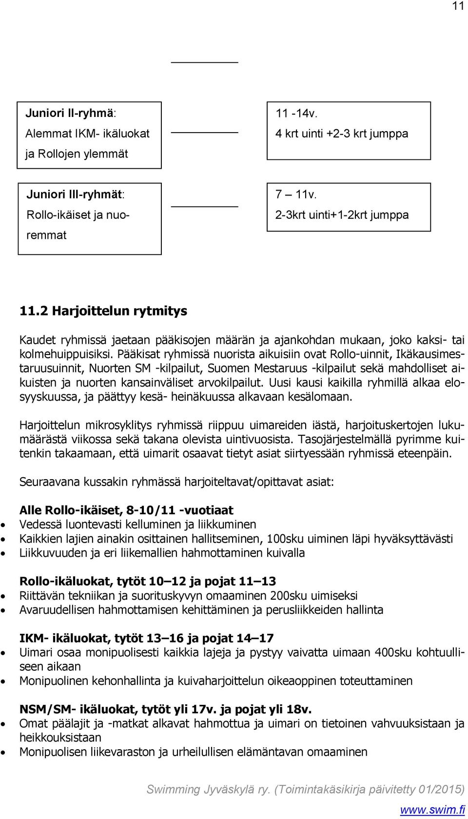 Pääkisat ryhmissä nuorista aikuisiin ovat Rollo-uinnit, Ikäkausimestaruusuinnit, Nuorten SM -kilpailut, Suomen Mestaruus -kilpailut sekä mahdolliset aikuisten ja nuorten kansainväliset arvokilpailut.