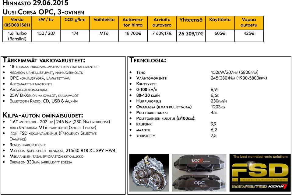 -ohjauspyörä, lämmitettävä Automaatti-ilmastointi Ajovaloautomatiikka 25W Bi-Xenon -ajovalot, kulmavalot Bluetooth Radio, CD, USB & Aux-In Kilpa-auton ominaisuudet: 1.