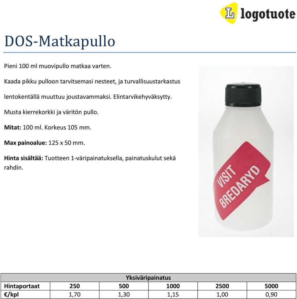 Elintarvikehyväksytty. Musta kierrekorkki ja väritön pullo. Mitat: 100 ml. Korkeus 105 mm.