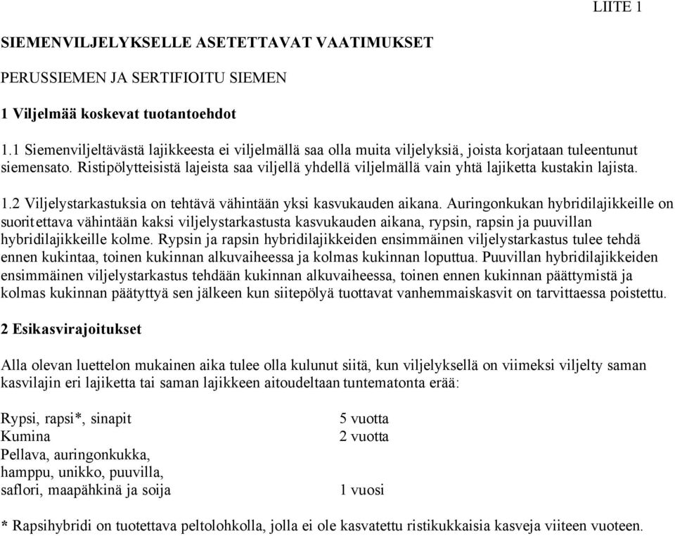 Ristipölytteisistä lajeista saa viljellä yhdellä viljelmällä vain yhtä lajiketta kustakin lajista. 1.2 Viljelystarkastuksia on tehtävä vähintään yksi kasvukauden aikana.