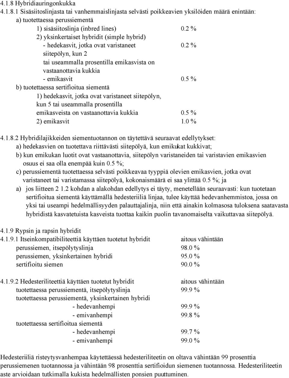 5 % b) tuotettaessa sertifioitua siementä 1) hedekasvit, jotka ovat varistaneet siitepölyn, kun 5 tai useammalla prosentilla emikasveista on vastaanottavia kukkia 0.5 % 2) emikasvit 1.0 % 4.1.8.