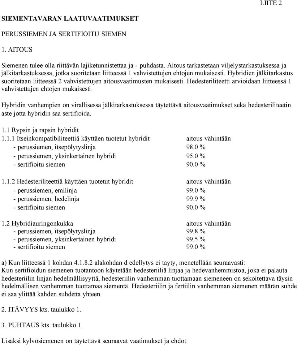 Hybridien jälkitarkastus suoritetaan liitteessä 2 vahvistettujen aitousvaatimusten mukaisesti. Hedesteriliteetti arvioidaan liitteessä 1 vahvistettujen ehtojen mukaisesti.