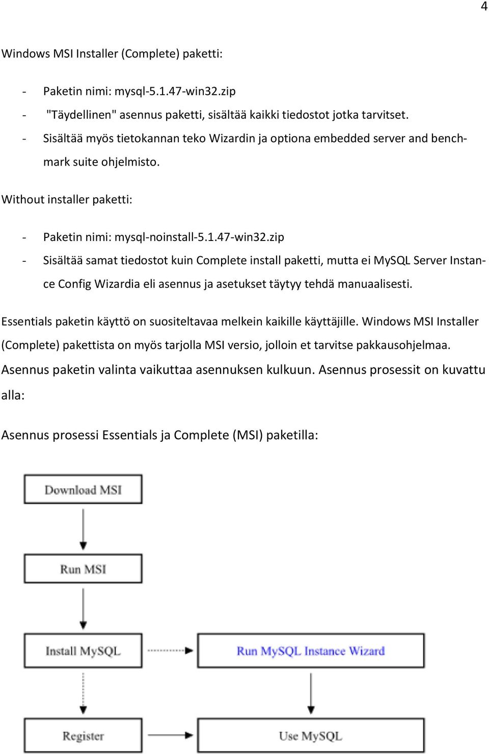 zip - Sisältää samat tiedostot kuin Complete install paketti, mutta ei MySQL Server Instance Config Wizardia eli asennus ja asetukset täytyy tehdä manuaalisesti.