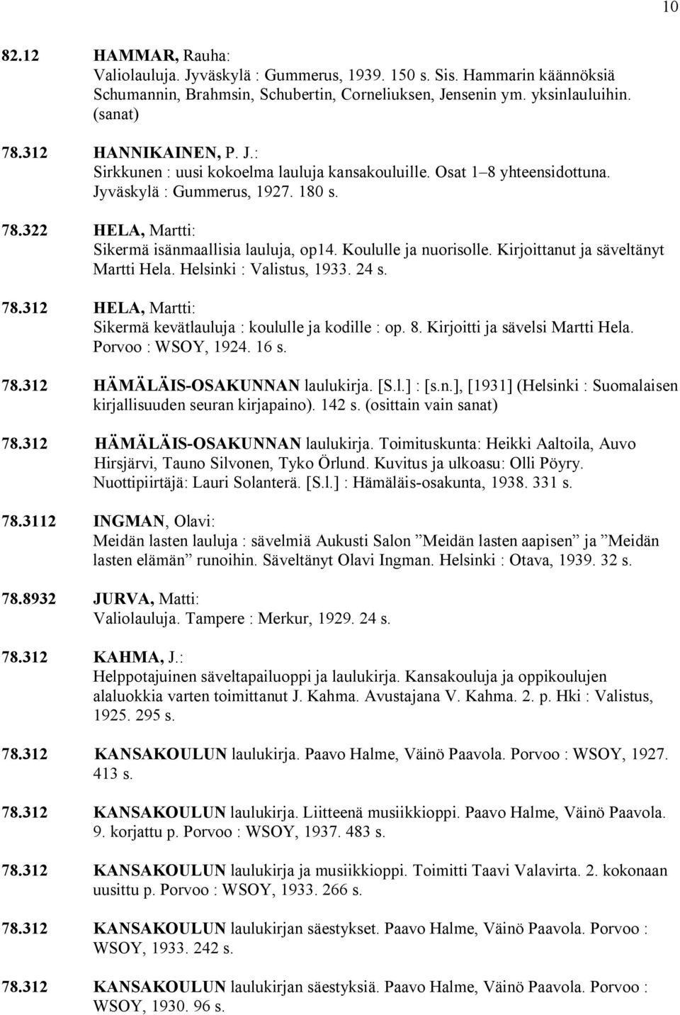 Koululle ja nuorisolle. Kirjoittanut ja säveltänyt Martti Hela. Helsinki : Valistus, 1933. 24 s. 78.312 HELA, Martti: Sikermä kevätlauluja : koululle ja kodille : op. 8.
