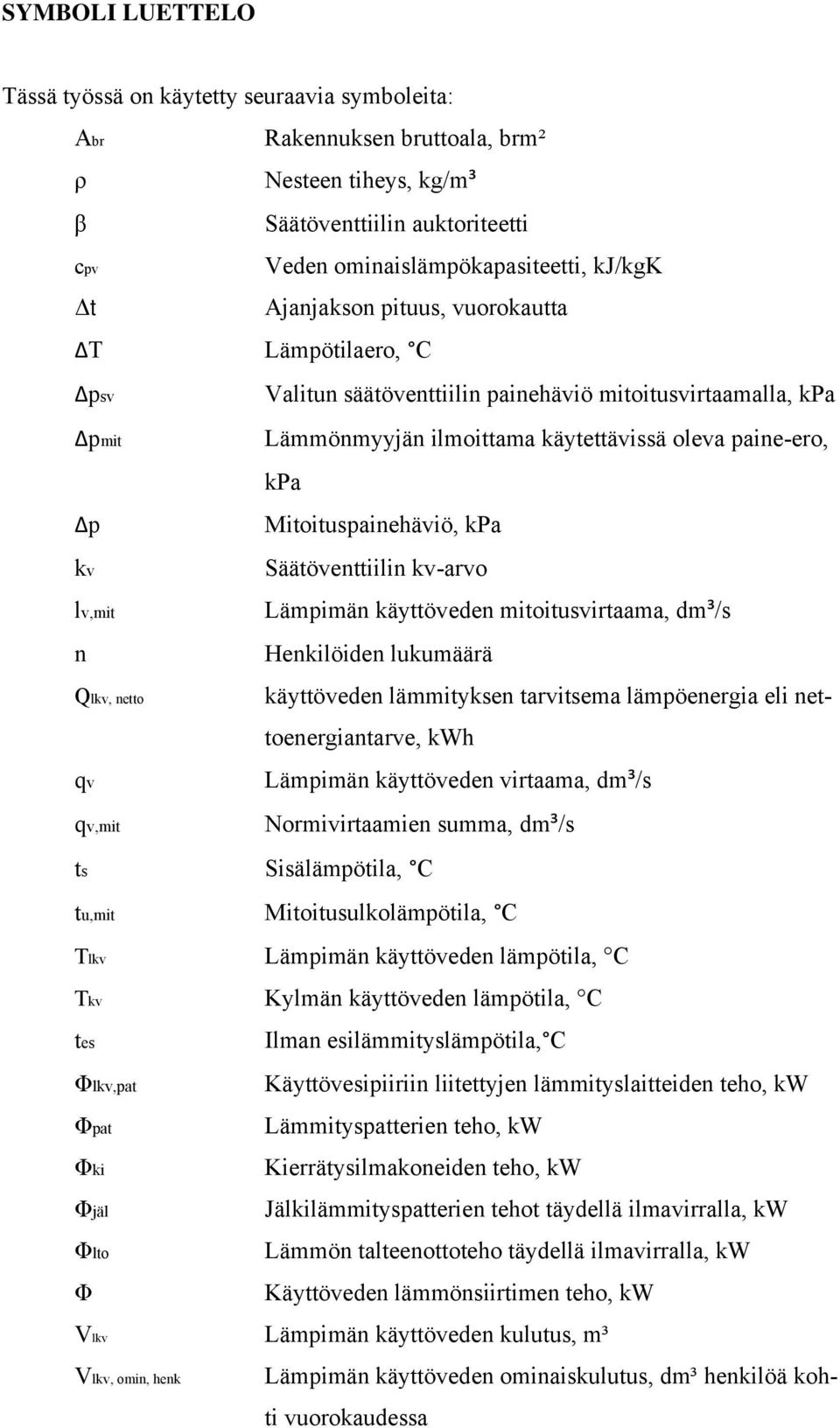 oleva paine-ero, kpa Mitoituspainehäviö, kpa Säätöventtiilin kv-arvo Lämpimän käyttöveden mitoitusvirtaama, dm³/s Henkilöiden lukumäärä käyttöveden lämmityksen tarvitsema lämpöenergia eli