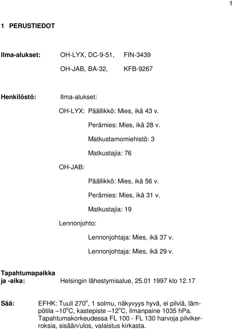 Matkustajia: 19 Lennonjohto: Lennonjohtaja: Mies, ikä 37 v. Lennonjohtaja: Mies, ikä 29 v. Tapahtumapaikka ja -aika: Helsingin lähestymisalue, 25.