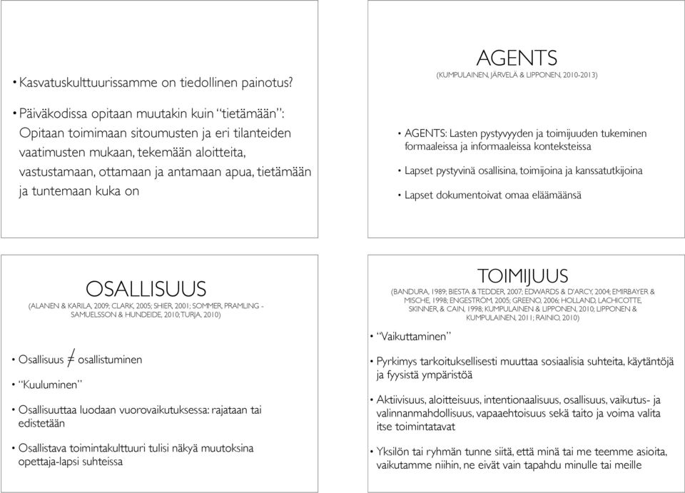 tuntemaan kuka on AGENTS (KUMPULAINEN, JÄRVELÄ & LIPPONEN, 2010-2013) AGENTS: Lasten pystyvyyden ja toimijuuden tukeminen formaaleissa ja informaaleissa konteksteissa Lapset pystyvinä osallisina,