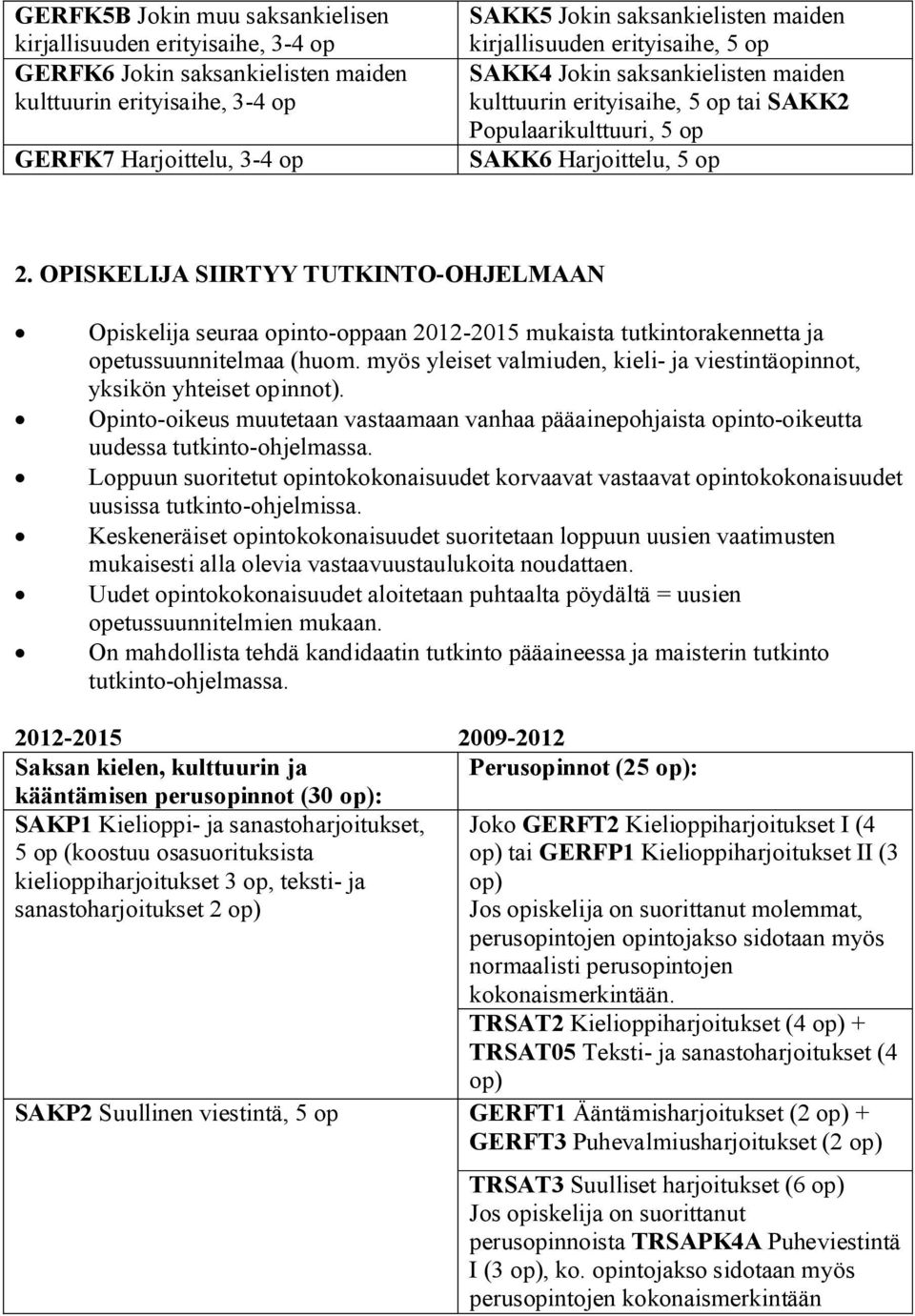 OPISKELIJA SIIRTYY TUTKINTO-OHJELMAAN Opiskelija seuraa into-paan 2012-2015 mukaista tutkintorakennetta ja etussuunnitelmaa (huom.