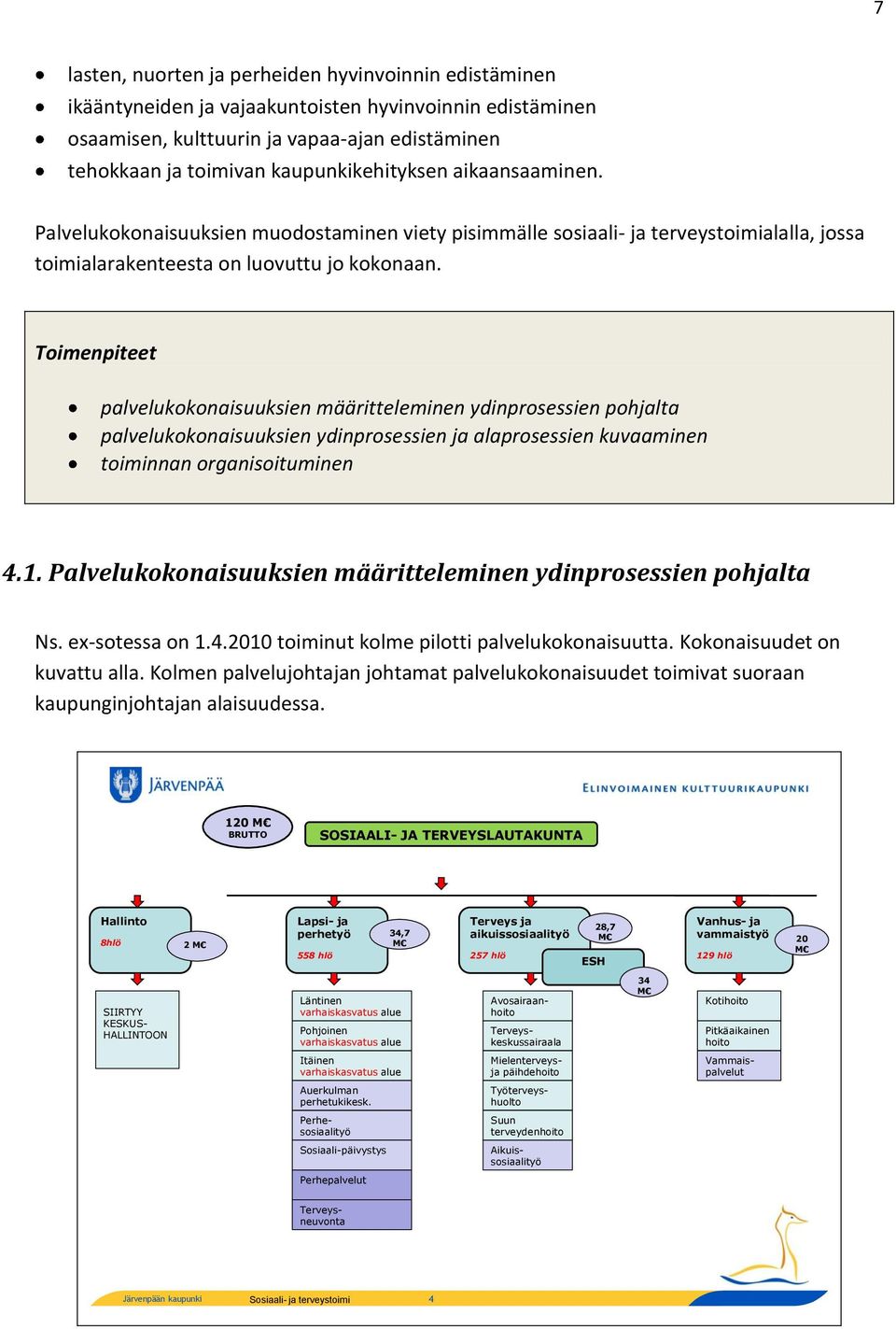 Toimenpiteet palvelukokonaisuuksien määritteleminen ydinprosessien pohjalta palvelukokonaisuuksien ydinprosessien ja alaprosessien kuvaaminen toiminnan organisoituminen 4.1.