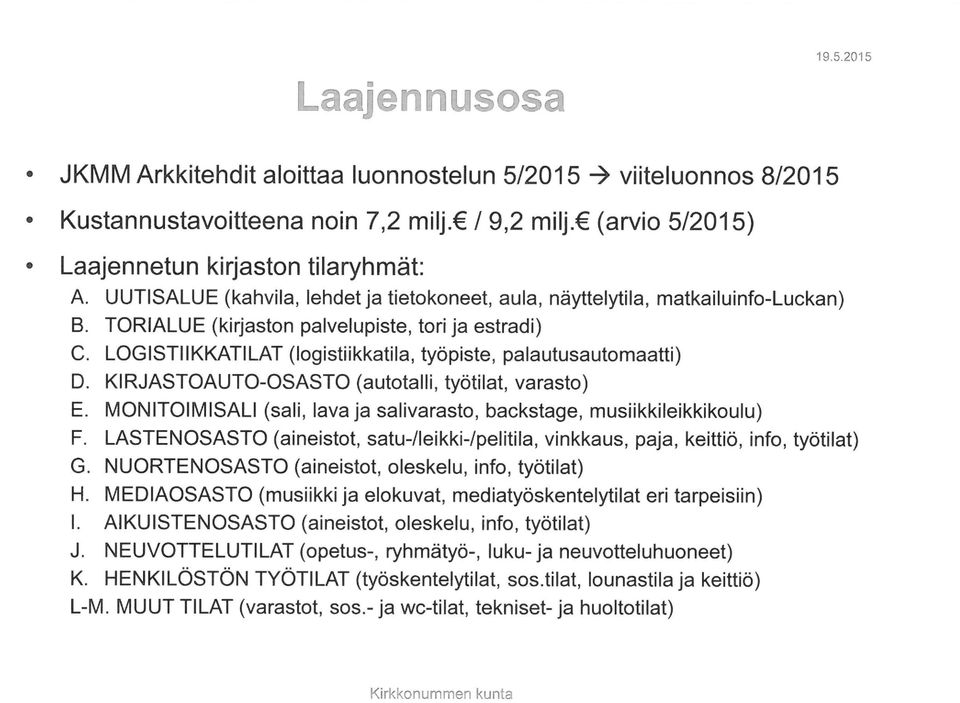LOGISTIIKKATILAT (logistiikkatila, työpiste, palautusautomaatti) D. KIRJASTOAUTO-OSASTO (autotalli, työtilat, varasto) E. MONITOIMISALI (sali, lava ja salivarasto, backstage, musiikkileikkikoulu) F.