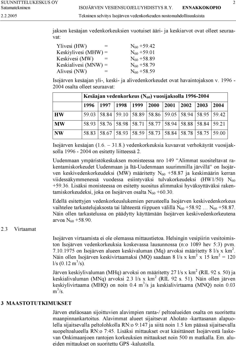 1996-2004 osalta olleet seuraavat: Kesäajan vedenkorkeus (N 60 ) vuosijaksolla 1996-2004 1996 1997 1998 1999 2000 2001 2002 2003 2004 HW 59.03 58.84 59.10 58.89 58.86 59.05 58.94 58.95 59.42 MW 58.