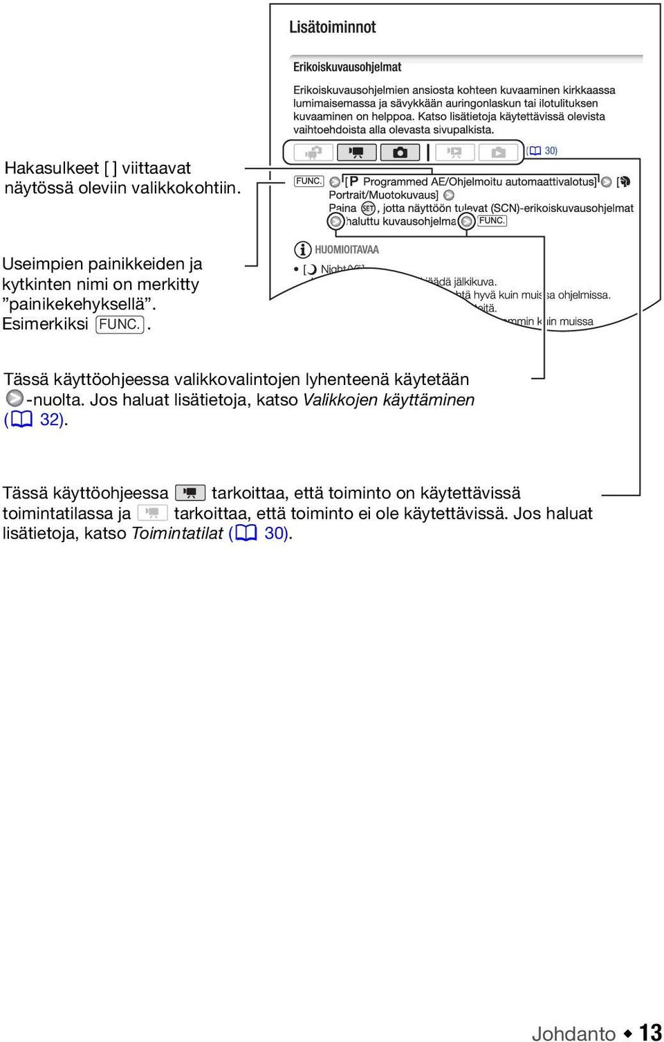 . Tässä käyttöohjeessa valikkovalintojen lyhenteenä käytetään -nuolta.