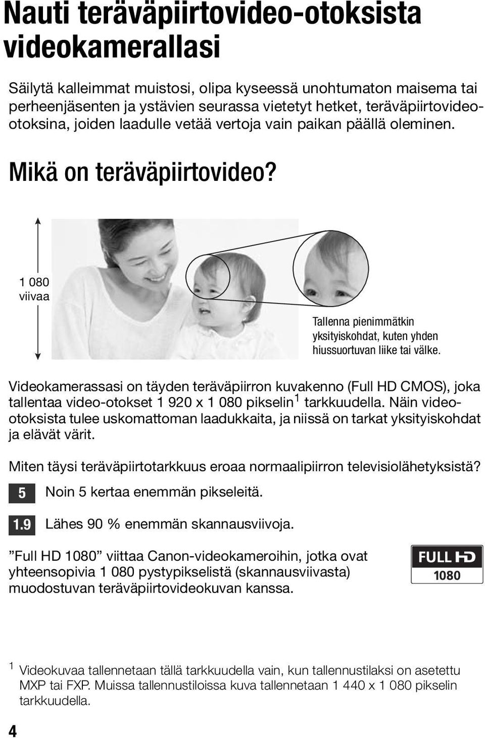 Videokamerassasi on täyden teräväpiirron kuvakenno (Full HD CMOS), joka tallentaa video-otokset 1 920 x 1 080 pikselin 1 tarkkuudella.