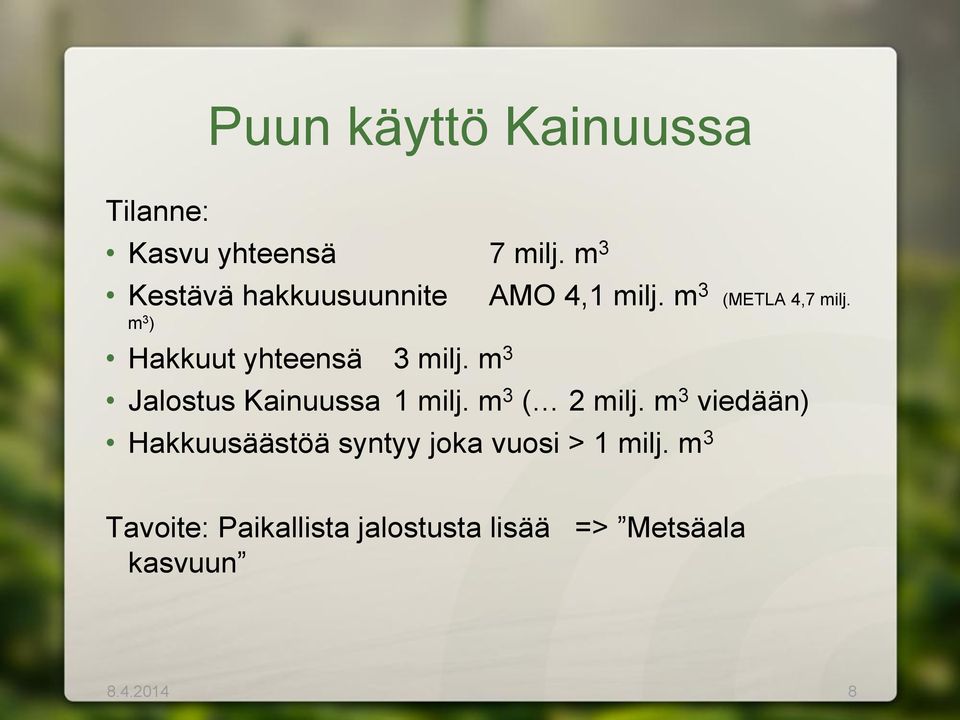 Hakkuut yhteensä 3 milj. m 3 Jalostus Kainuussa 1 milj. m 3 ( 2 milj.