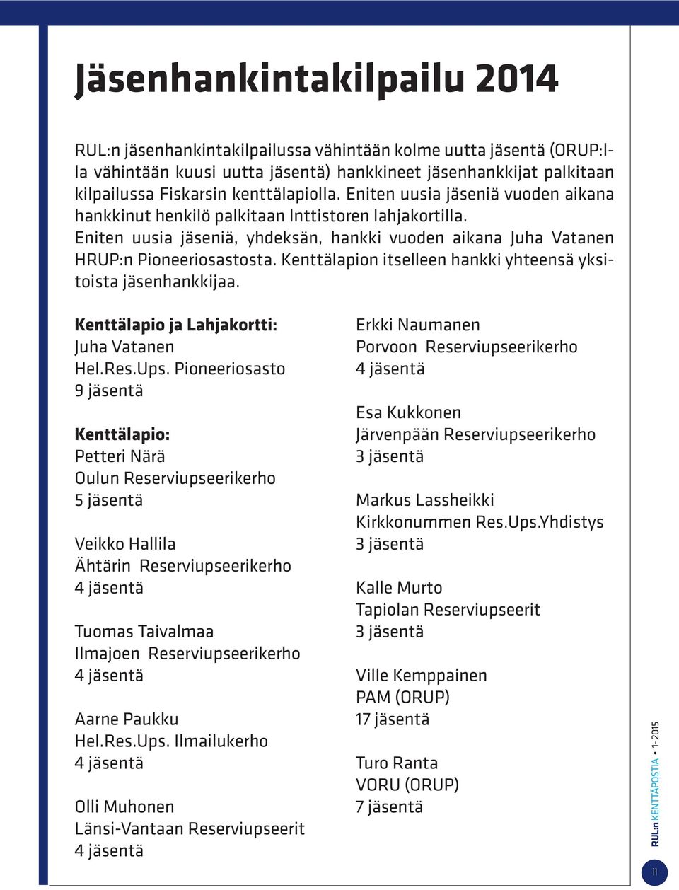 Kenttälapion itselleen hankki yhteensä yksitoista jäsenhankkijaa. Kenttälapio ja Lahjakortti: Juha Vatanen Hel.Res.Ups.