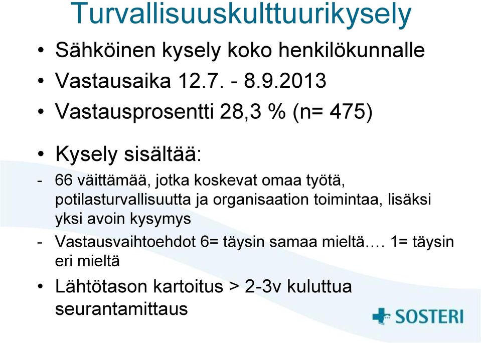 työtä, potilasturvallisuutta ja organisaation toimintaa, lisäksi yksi avoin kysymys -