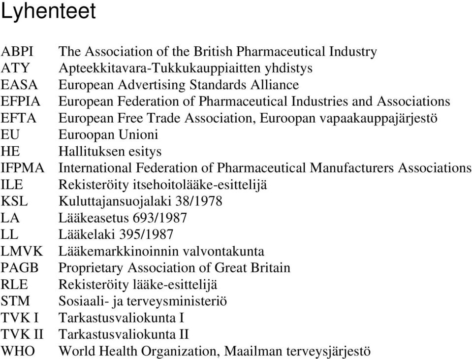 Manufacturers Associations ILE Rekisteröity itsehoitolääke-esittelijä KSL Kuluttajansuojalaki 38/1978 LA Lääkeasetus 693/1987 LL Lääkelaki 395/1987 LMVK Lääkemarkkinoinnin valvontakunta PAGB