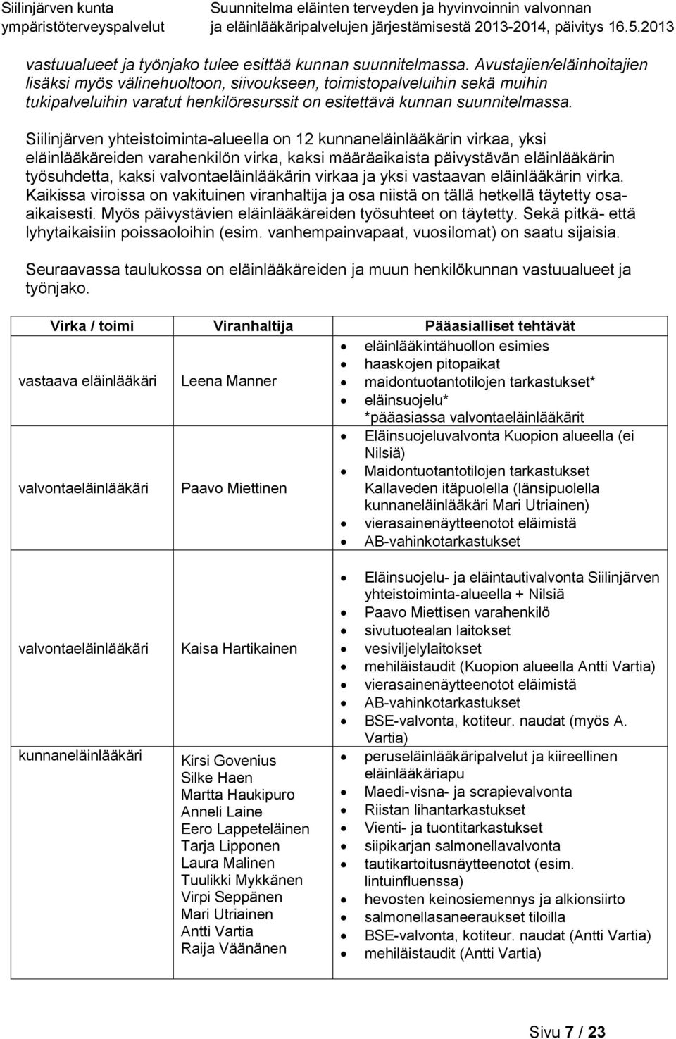 Siilinjärven yhteistoiminta-alueella on 12 kunnaneläinlääkärin virkaa, yksi eläinlääkäreiden varahenkilön virka, kaksi määräaikaista päivystävän eläinlääkärin työsuhdetta, kaksi valvontaeläinlääkärin