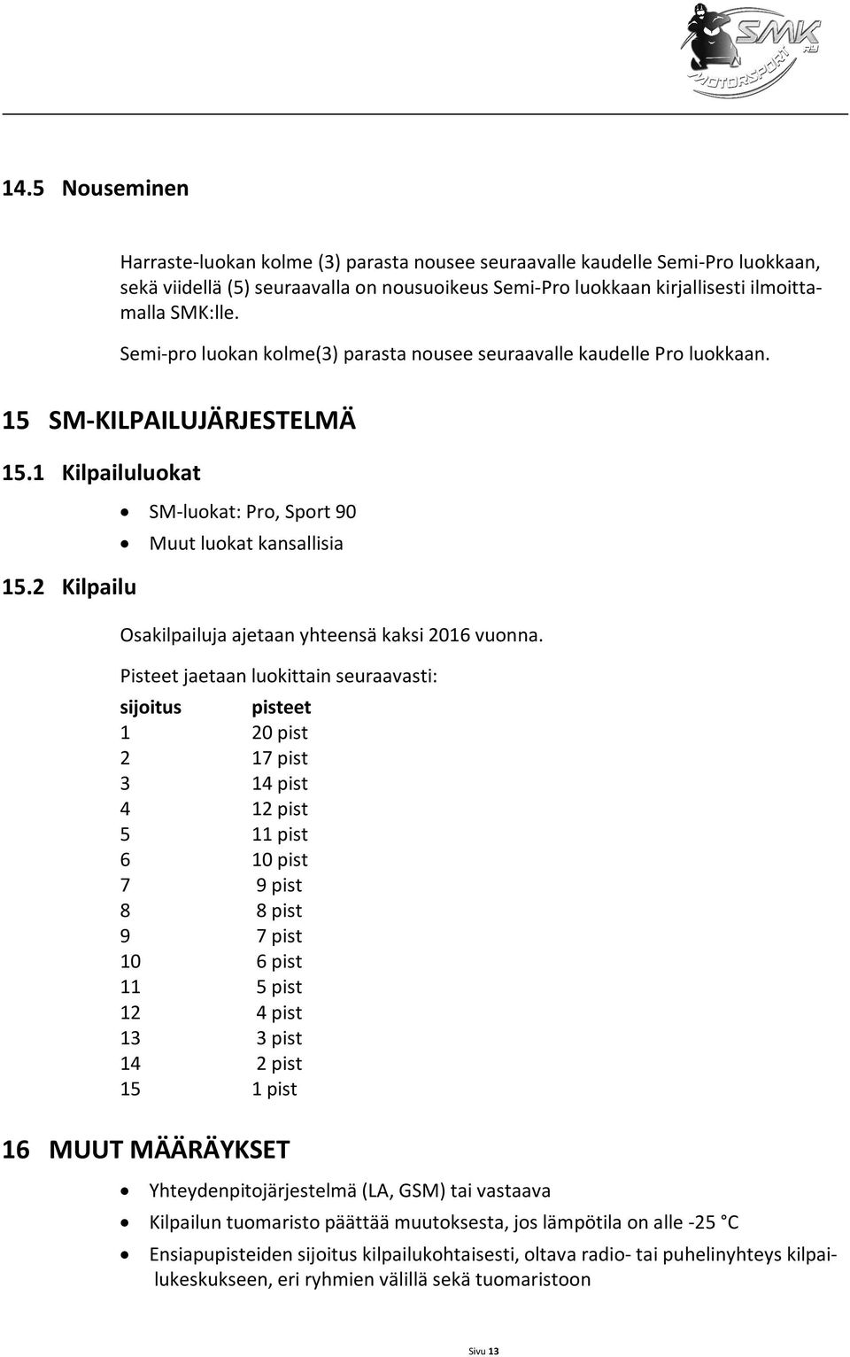 2 Kilpailu SM-luokat: Pro, Sport 90 Muut luokat kansallisia Osakilpailuja ajetaan yhteensä kaksi 2016 vuonna.