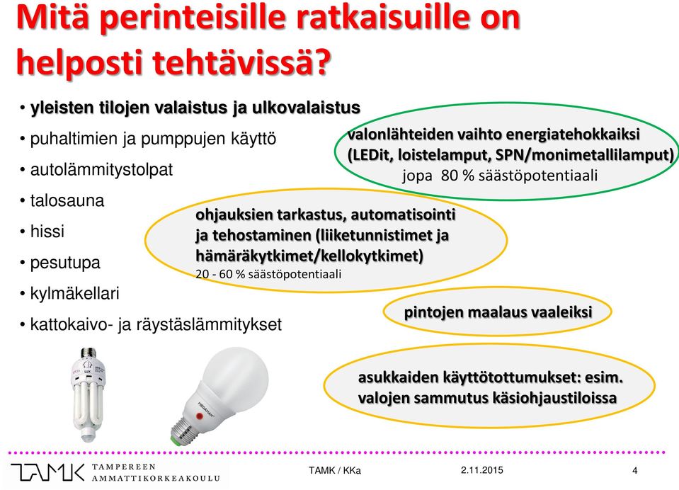 ja räystäslämmitykset ohjauksien tarkastus, automatisointi ja tehostaminen (liiketunnistimet ja hämäräkytkimet/kellokytkimet) 20-60 %