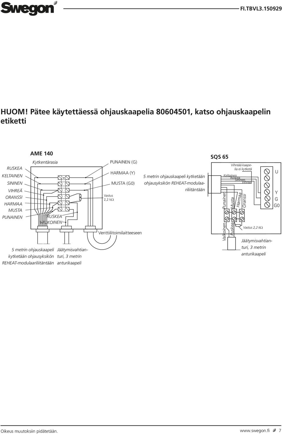 ohjuskpeli Jäätymisvhtinturi, kytketään ohjusyksikön REHEAT-modulriliitäntään nturikpeli Vstus 2,2 kω PUNAINEN (G) HARMAA (Y) MUSTA (G0)