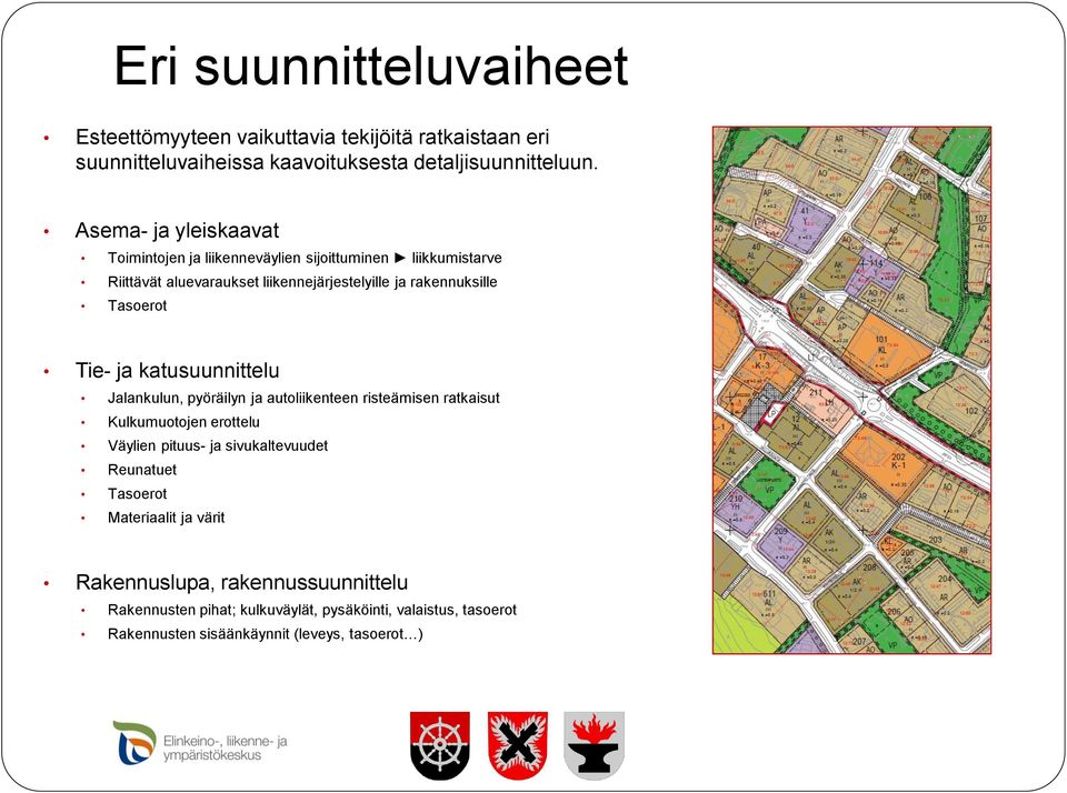 Tie- ja katusuunnittelu Jalankulun, pyöräilyn ja autoliikenteen risteämisen ratkaisut Kulkumuotojen erottelu Väylien pituus- ja sivukaltevuudet Reunatuet