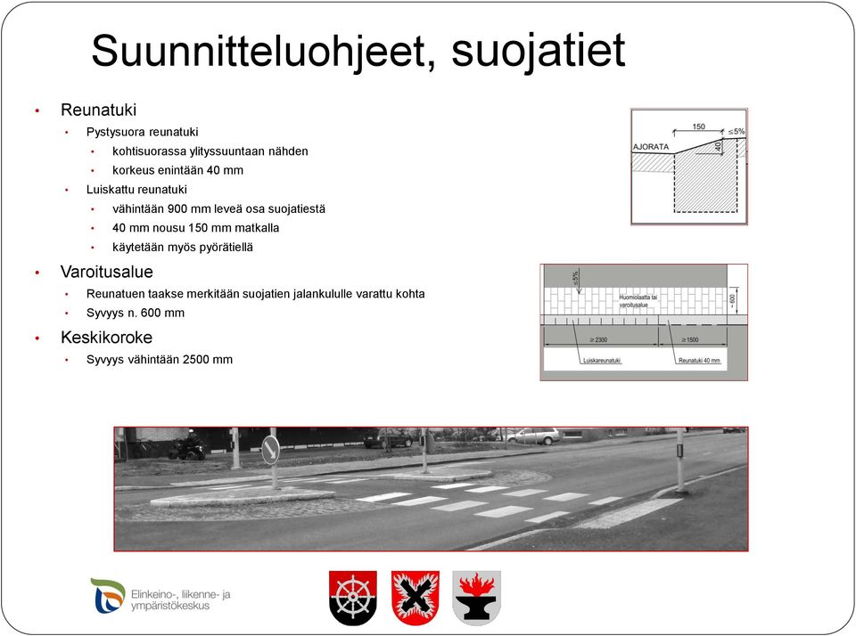 40 mm nousu 150 mm matkalla käytetään myös pyörätiellä Varoitusalue Reunatuen taakse