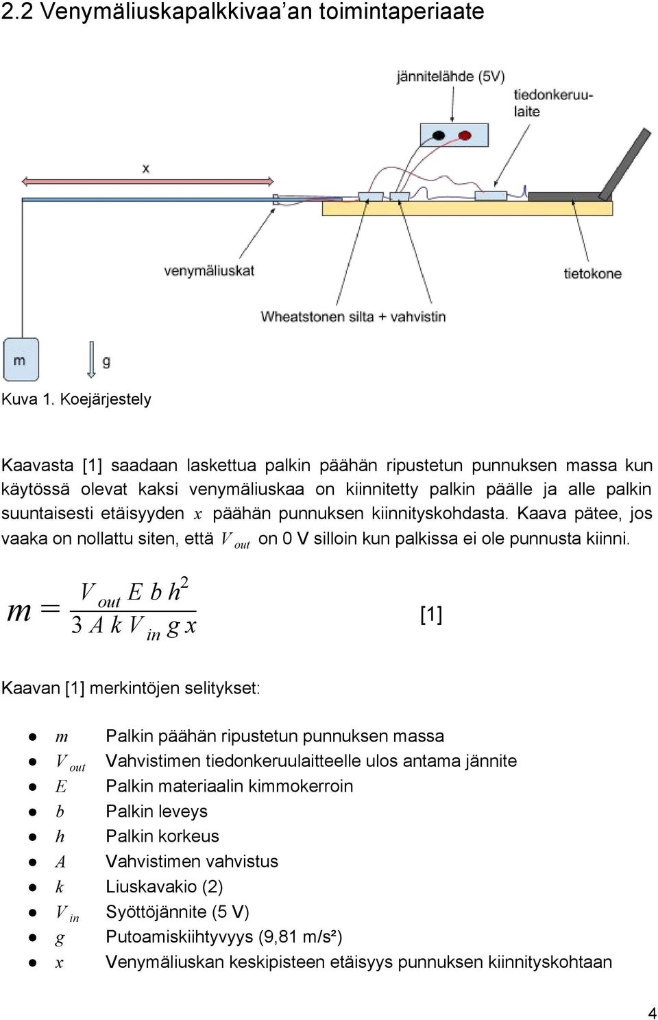 päähän punnuksen kiinnityskohdasta. Kaava pätee, jos vaaka on nollattu siten, että on 0 V silloin kun palkissa ei ole punnusta kiinni.