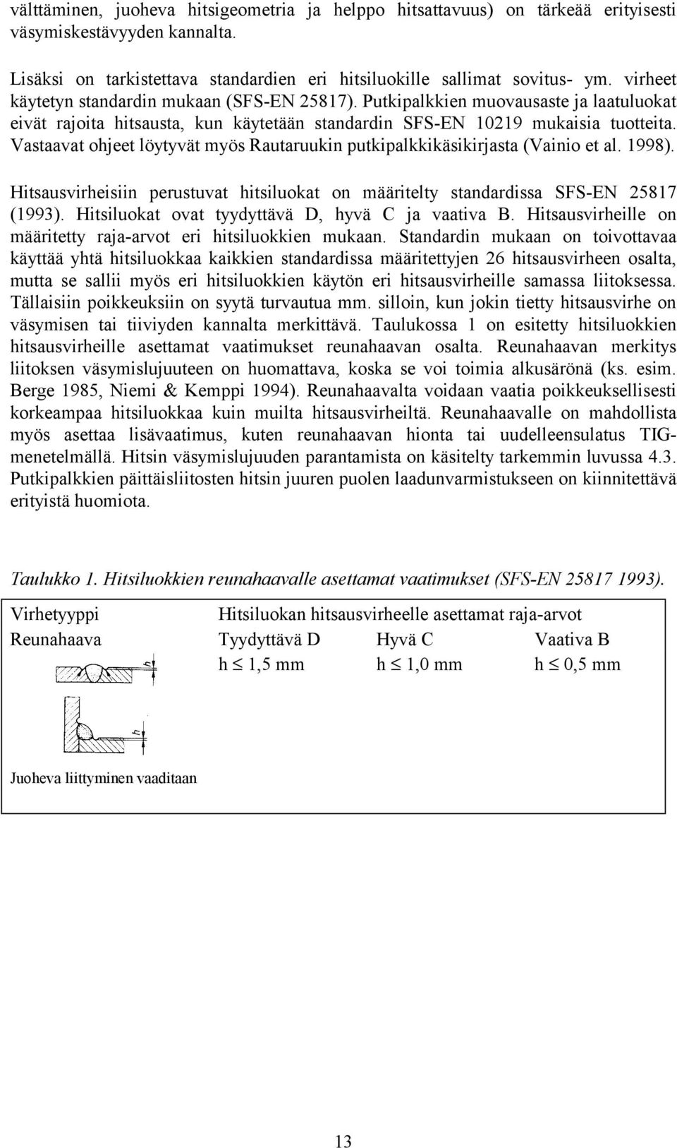 Vastaavat ohjeet löytyvät myös Rautaruukin putkipalkkikäsikirjasta (Vainio et al. 1998). Hitsausvirheisiin perustuvat hitsiluokat on määritelty standardissa SFS-EN 25817 (1993).