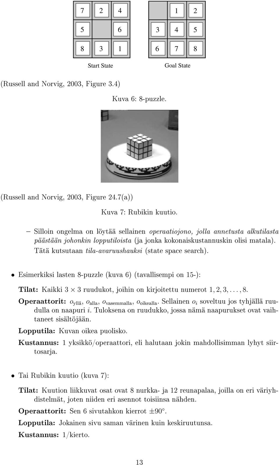 Tätä kutsutaan tila-avaruushauksi (state space search). Esimerkiksi lasten 8-puzzle (kuva 6) (tavallisempi on 15-): Tilat: Kaikki 3 3 ruudukot, joihin on kirjoitettu numerot 1, 2, 3,..., 8.