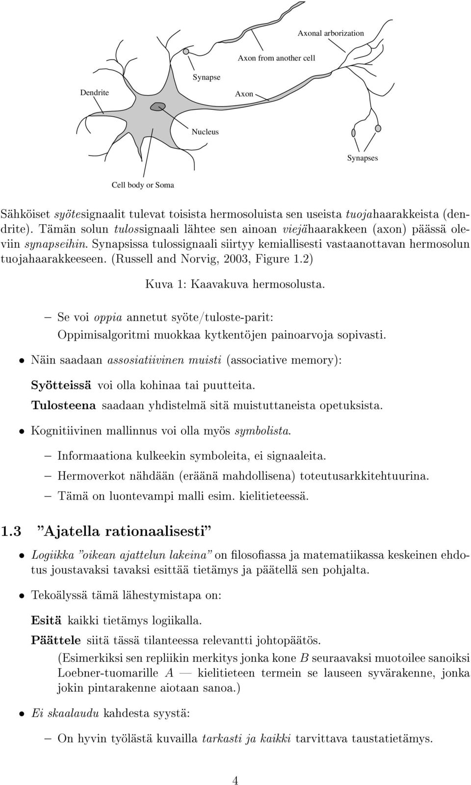 (Russell and Norvig, 2003, Figure 1.2) Kuva 1: Kaavakuva hermosolusta. Se voi oppia annetut syöte/tuloste-parit: Oppimisalgoritmi muokkaa kytkentöjen painoarvoja sopivasti.