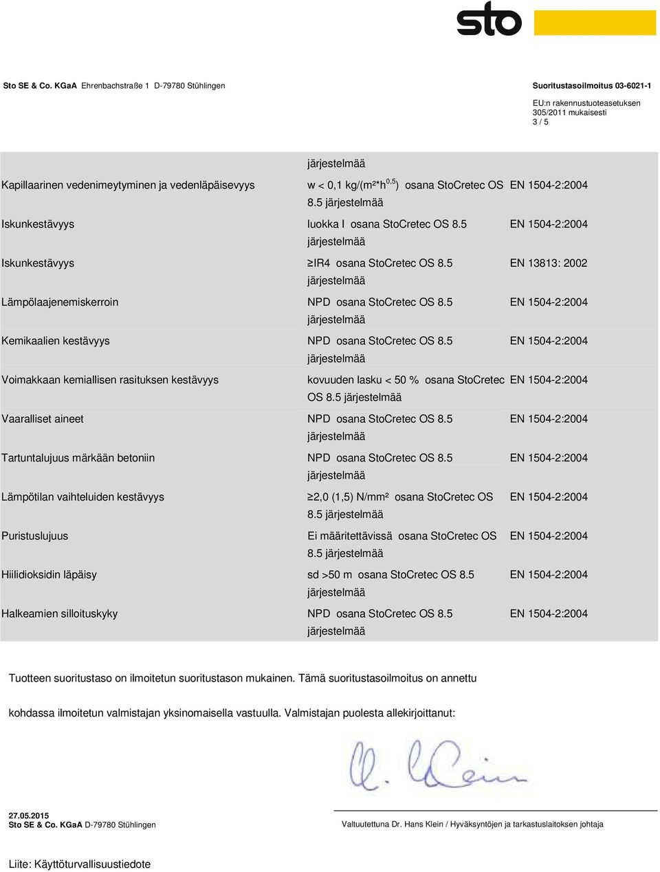 5 EN 13813: 2002 Voimakkaan kemiallisen rasituksen kestävyys kovuuden lasku < 50 % osana StoCretec OS 8.5 Vaaralliset aineet NPD osana StoCretec OS 8.