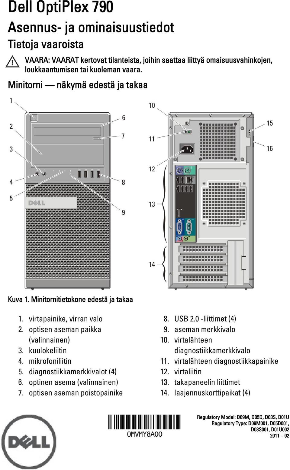 diagnostiikkamerkkivalot (4) 6. optinen asema (valinnainen) 7. optisen aseman poistopainike 8. USB 2.0 -liittimet (4) 9. aseman merkkivalo 10. virtalähteen diagnostiikkamerkkivalo 11.