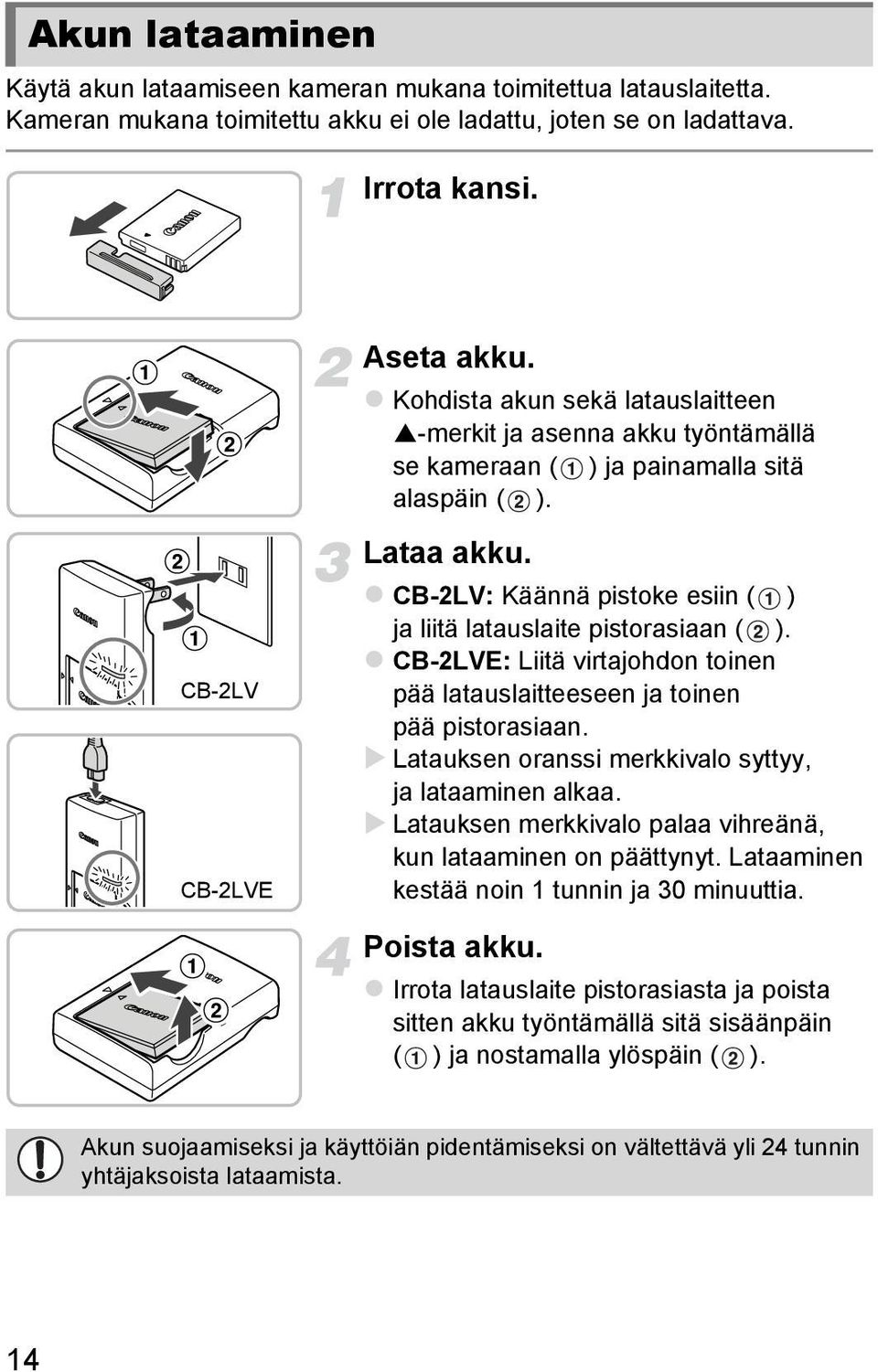 CB-2LV: Käännä pistoke esiin ( ) ja liitä latauslaite pistorasiaan ( ). CB-2LVE: Liitä virtajohdon toinen pää latauslaitteeseen ja toinen pää pistorasiaan.
