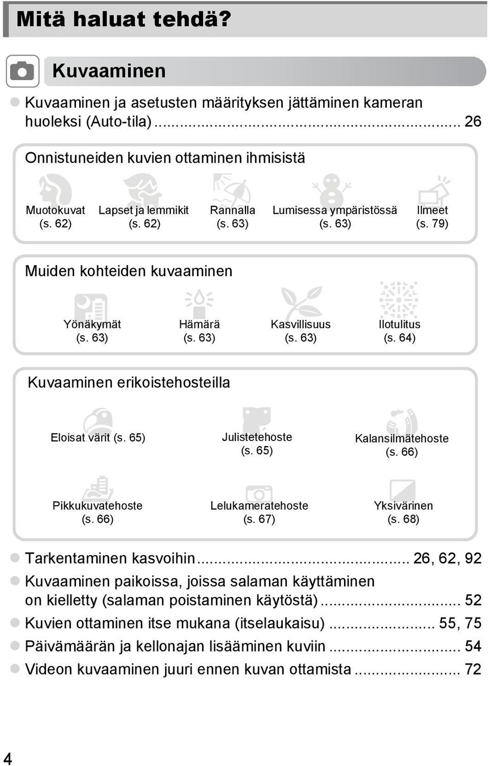 64) Kuvaaminen erikoistehosteilla Eloisat värit (s. 65) Julistetehoste (s. 65) Kalansilmätehoste (s. 66) Pikkukuvatehoste (s. 66) Lelukameratehoste (s. 67) Yksivärinen (s. 68) Tarkentaminen kasvoihin.