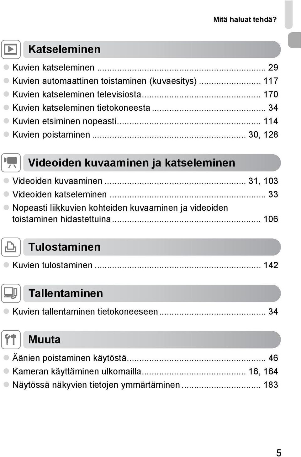 .. 31, 103 Videoiden katseleminen... 33 Nopeasti liikkuvien kohteiden kuvaaminen ja videoiden toistaminen hidastettuina... 106 c Tulostaminen Kuvien tulostaminen.