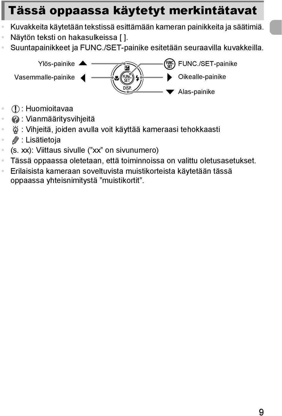 /SET-painike Oikealle-painike Alas-painike : Huomioitavaa : Vianmääritysvihjeitä : Vihjeitä, joiden avulla voit käyttää kameraasi tehokkaasti : Lisätietoja (s.