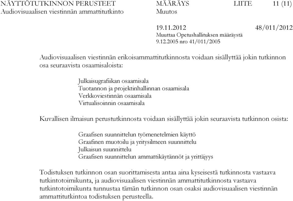 Graafisen suunnittelun työmenetelmien käyttö Graafinen muotoilu ja yritysilmeen suunnittelu Julkaisun suunnittelu Graafisen suunnittelun ammattikäytännöt ja yrittäjyys Todistuksen tutkinnon osan