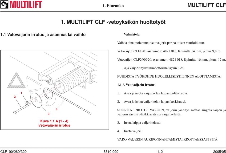 PUHDISTA TYÖKOHDE HUOLELLISESTI ENNEN ALOITTAMISTA. 1.1 A Vetovaijerin irrotus 2 1 1. Avaa ja irrota vaijerikelan laipan pidäkeruuvi. 2. Avaa ja irrota vaijerikelan laipan keskiruuvi.