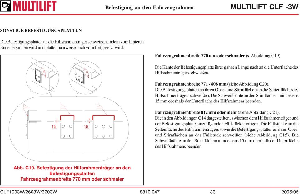 15 15 Die Kante der Befestigungsplatte ihrer ganzen Länge nach an die Unterfläche des Hilfsrahmenträgers schweißen. Fahrzeugrahmenbreite 771-808 mm (siehe Abbildung C20).