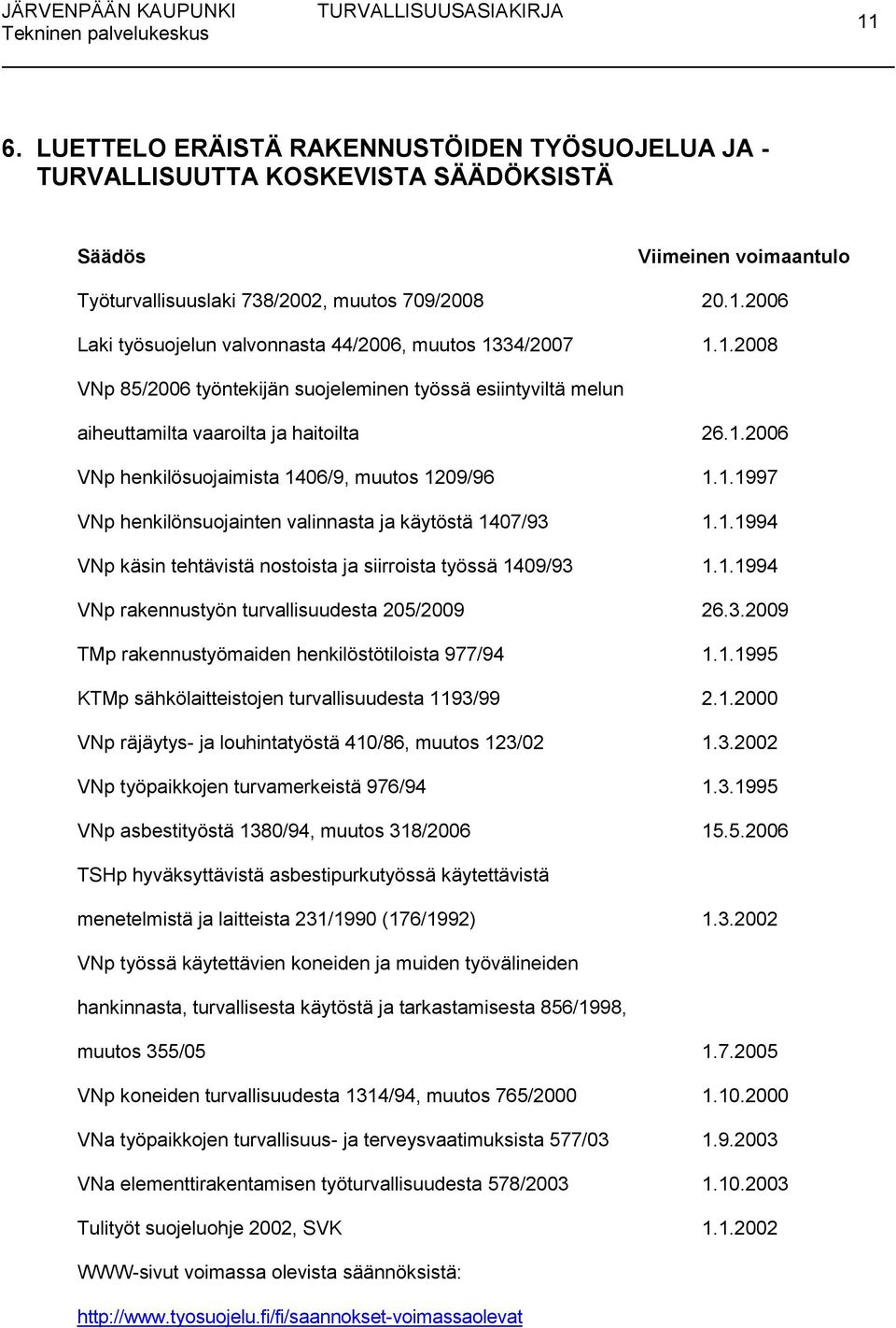 1.1994 VNp käsin tehtävistä nostoista ja siirroista työssä 1409/93 1.1.1994 VNp rakennustyön turvallisuudesta 205/2009 26.3.2009 TMp rakennustyömaiden henkilöstötiloista 977/94 1.1.1995 KTMp sähkölaitteistojen turvallisuudesta 1193/99 2.