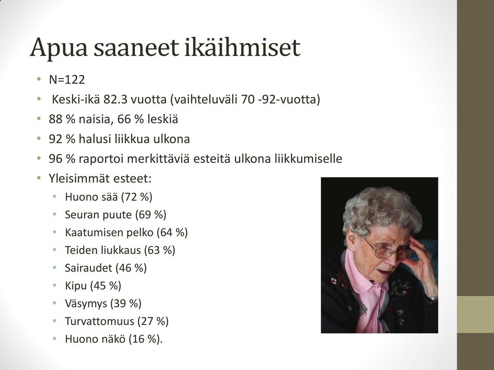 % raportoi merkittäviä esteitä ulkona liikkumiselle Yleisimmät esteet: Huono sää (72 %)