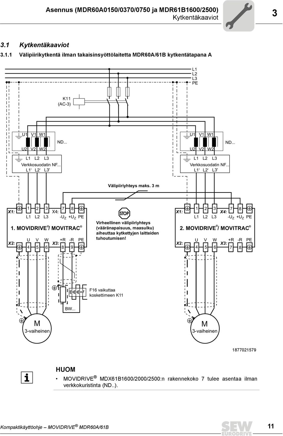 3 m 1 2 3 7 8 1 2 3 7 8 X1: X4: X1: X4: L1 L2 L3 -U Z +U Z PE L1 L2 L3 -U Z +U Z PE Virheellinen välipiiriyhteys 1. MOVIDRIVE / MOVITRAC (vääränapaisuus, maasulku) 2.