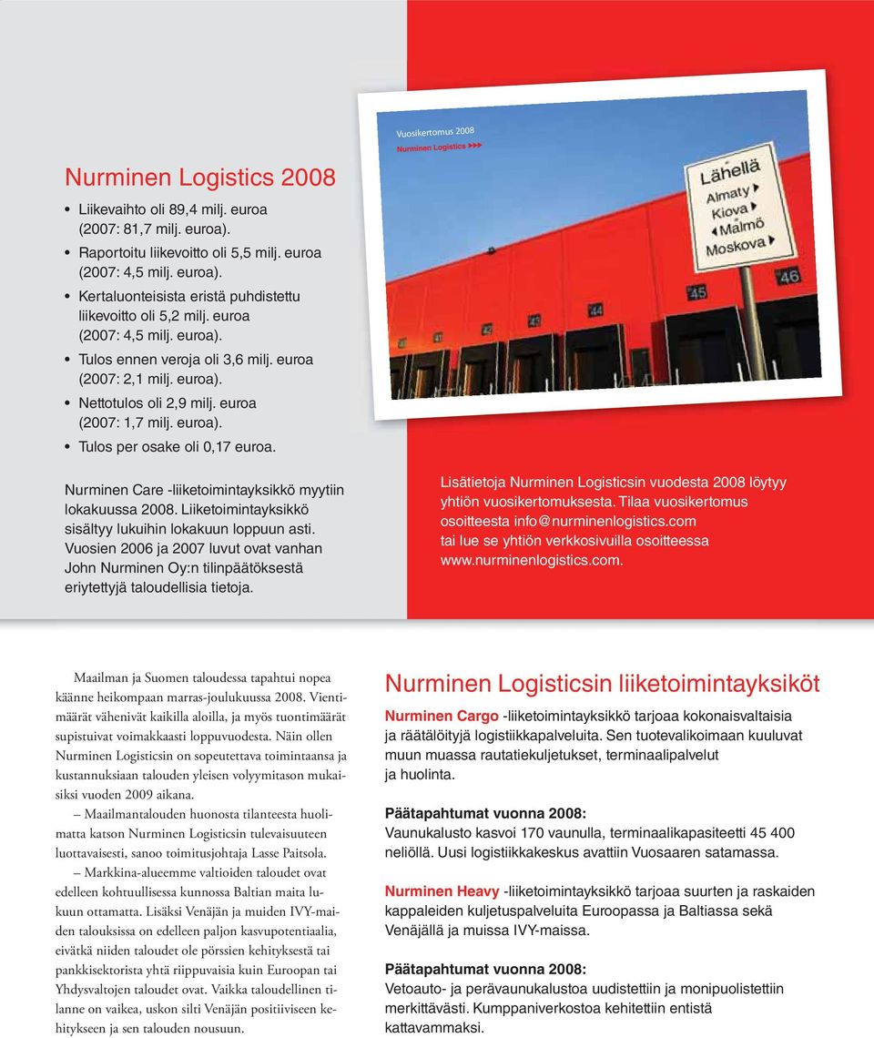 Nurminen Care -liiketoimintayksikkö myytiin lokakuussa 2008. Liiketoimintayksikkö sisältyy lukuihin lokakuun loppuun asti.