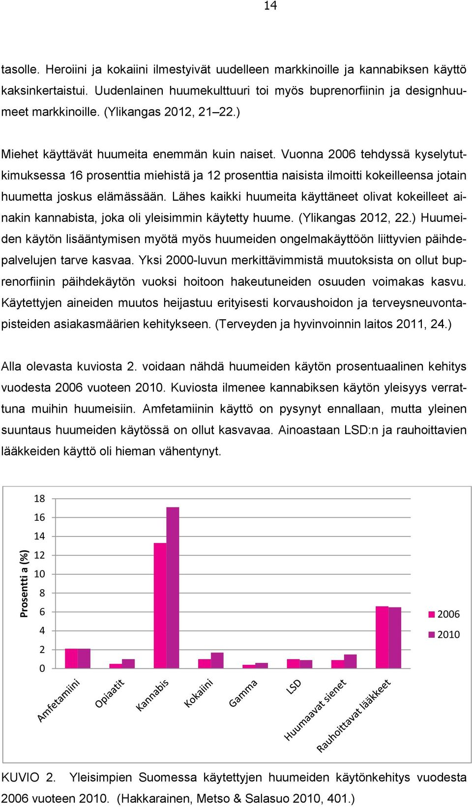 Vuonna 2006 tehdyssä kyselytutkimuksessa 16 prosenttia miehistä ja 12 prosenttia naisista ilmoitti kokeilleensa jotain huumetta joskus elämässään.